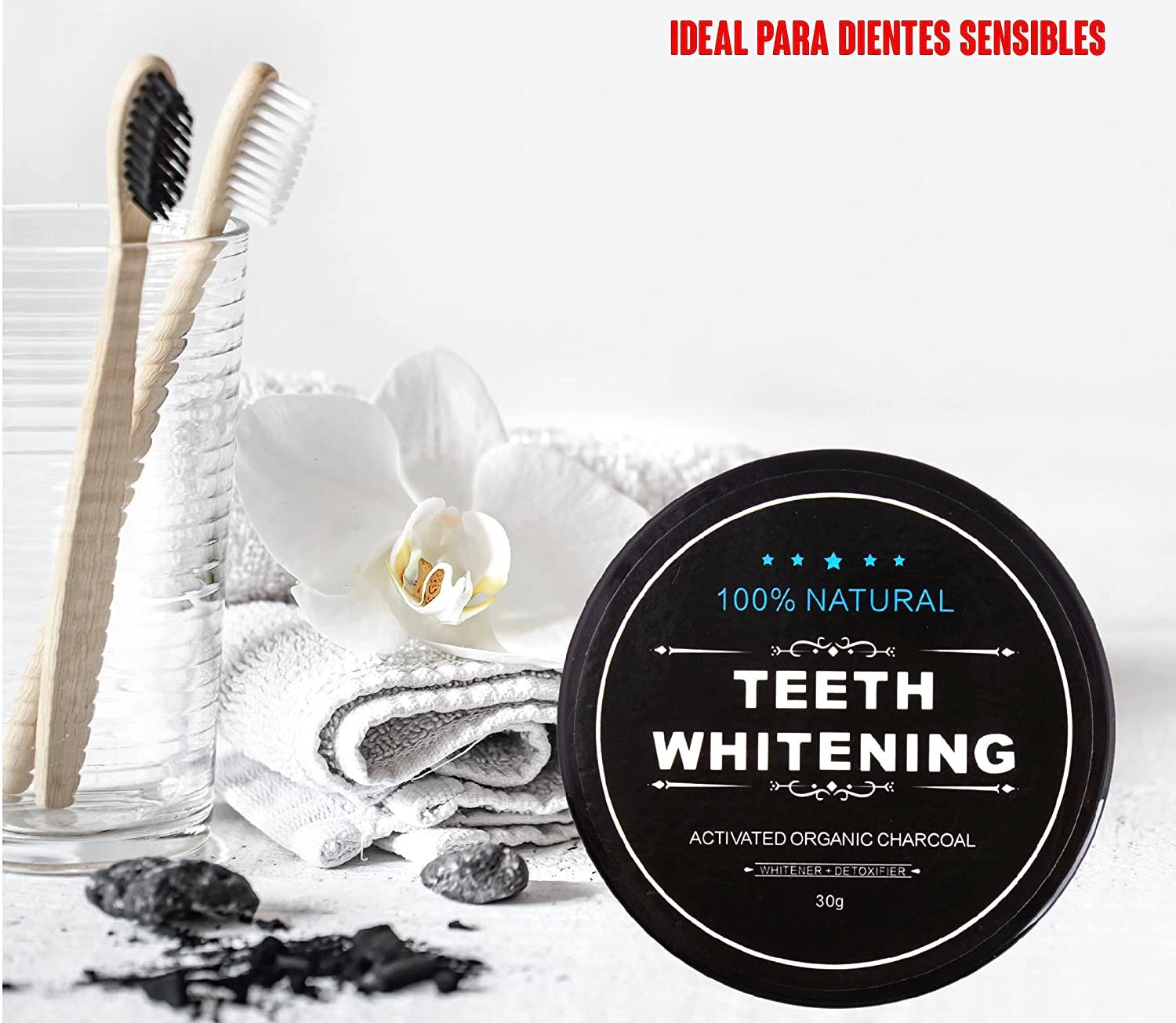 BLANQUEADOR CON CARBÓN ACTIVO VEGANO + CEPILLO DE BAMBÚ